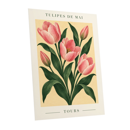 Tours in Bloom, pink, green, beige floral wall art shown as a unframed poster wall art print