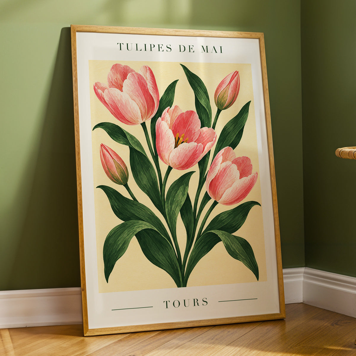 Tours in Bloom, pink, green, beige floral wall art displayed in a styled interior, gallery view 2
