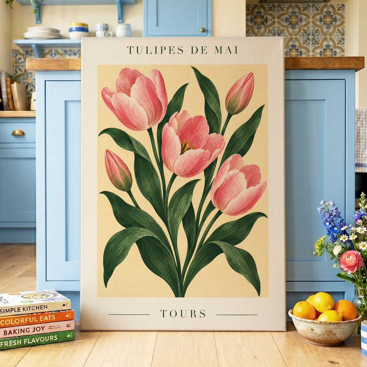 Tours in Bloom, pink, green, beige floral wall art displayed in a styled interior, gallery view 3