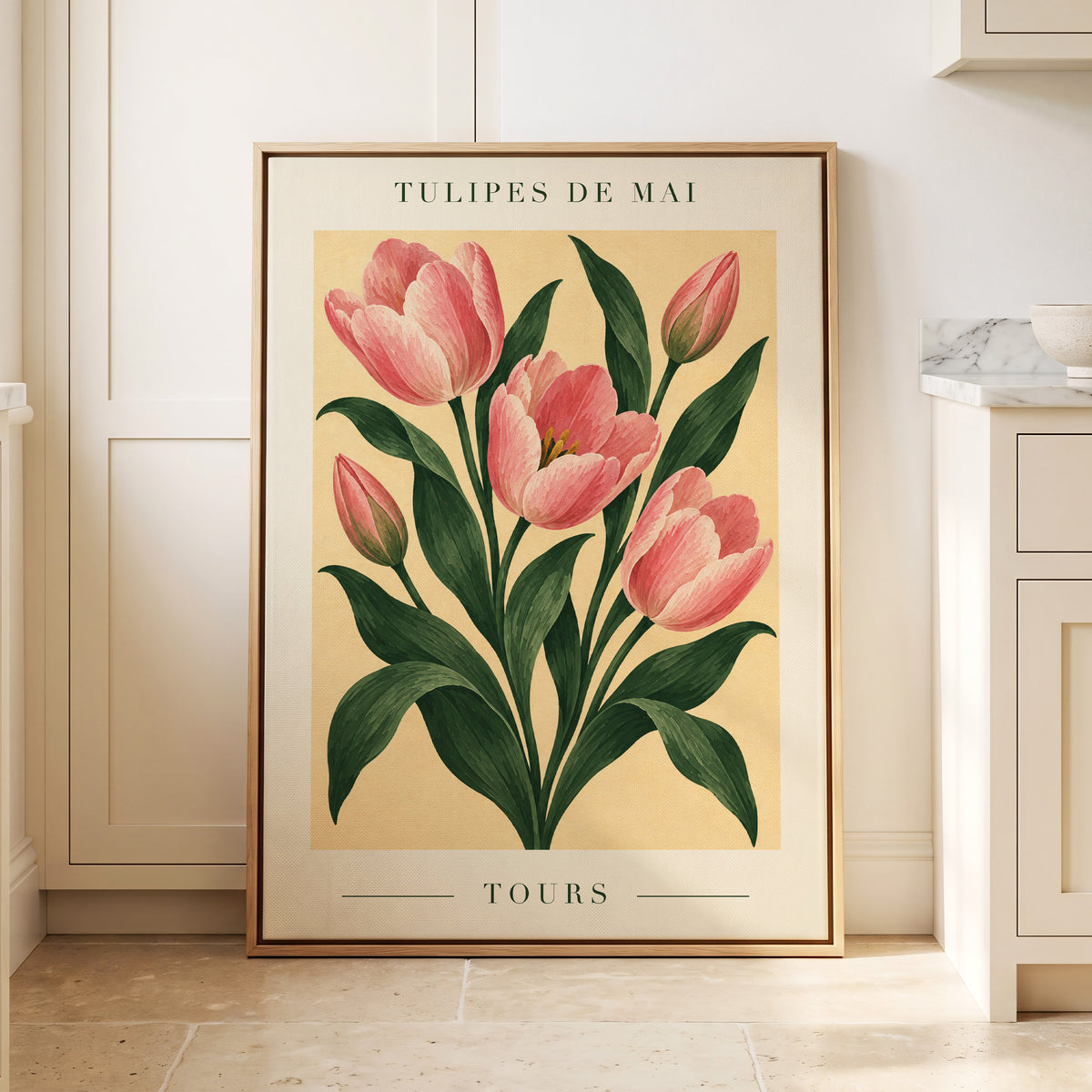 Tours in Bloom, pink, green, beige floral wall art displayed in a styled interior, gallery view 4