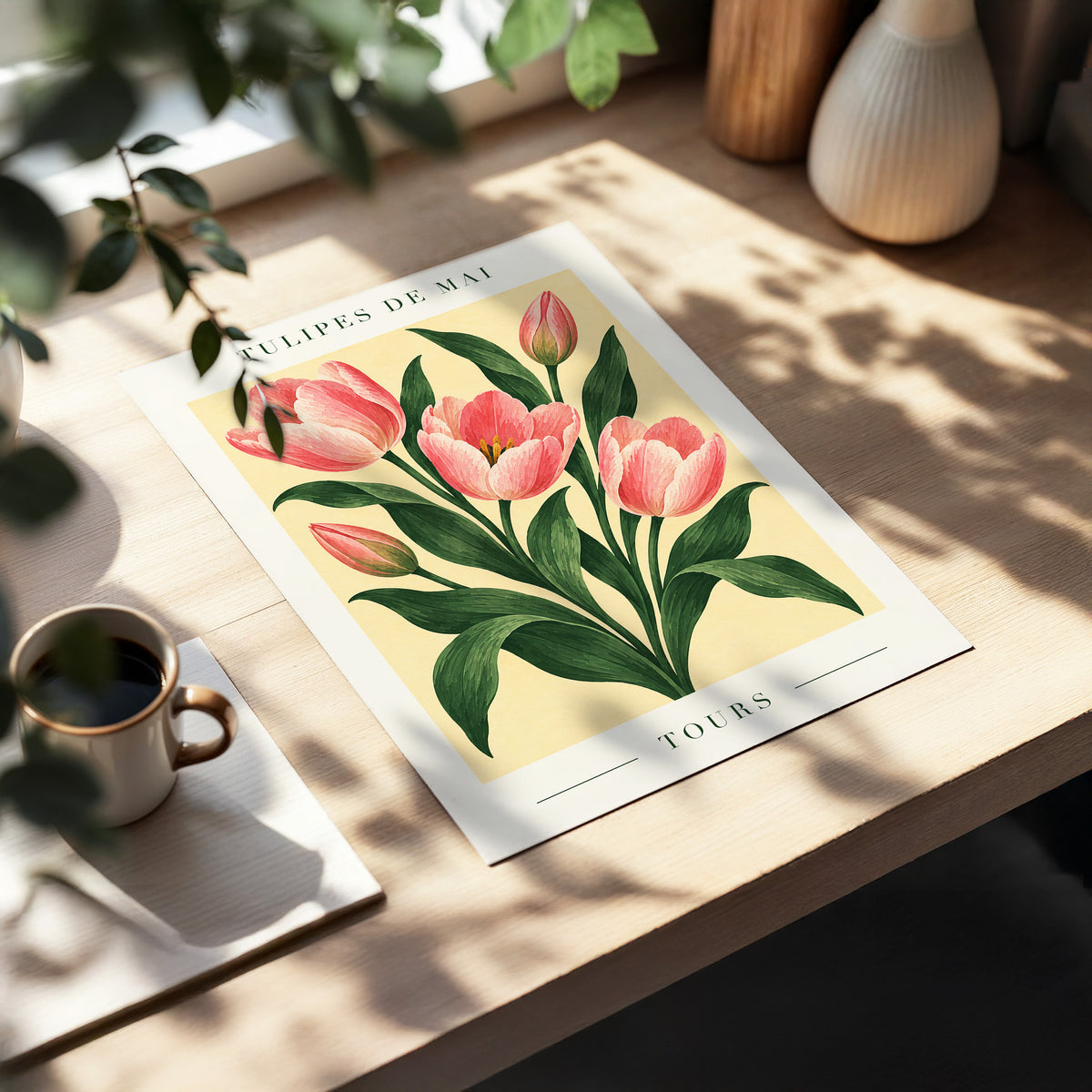 Tours in Bloom, pink, green, beige floral wall art displayed in a styled interior, gallery view 5