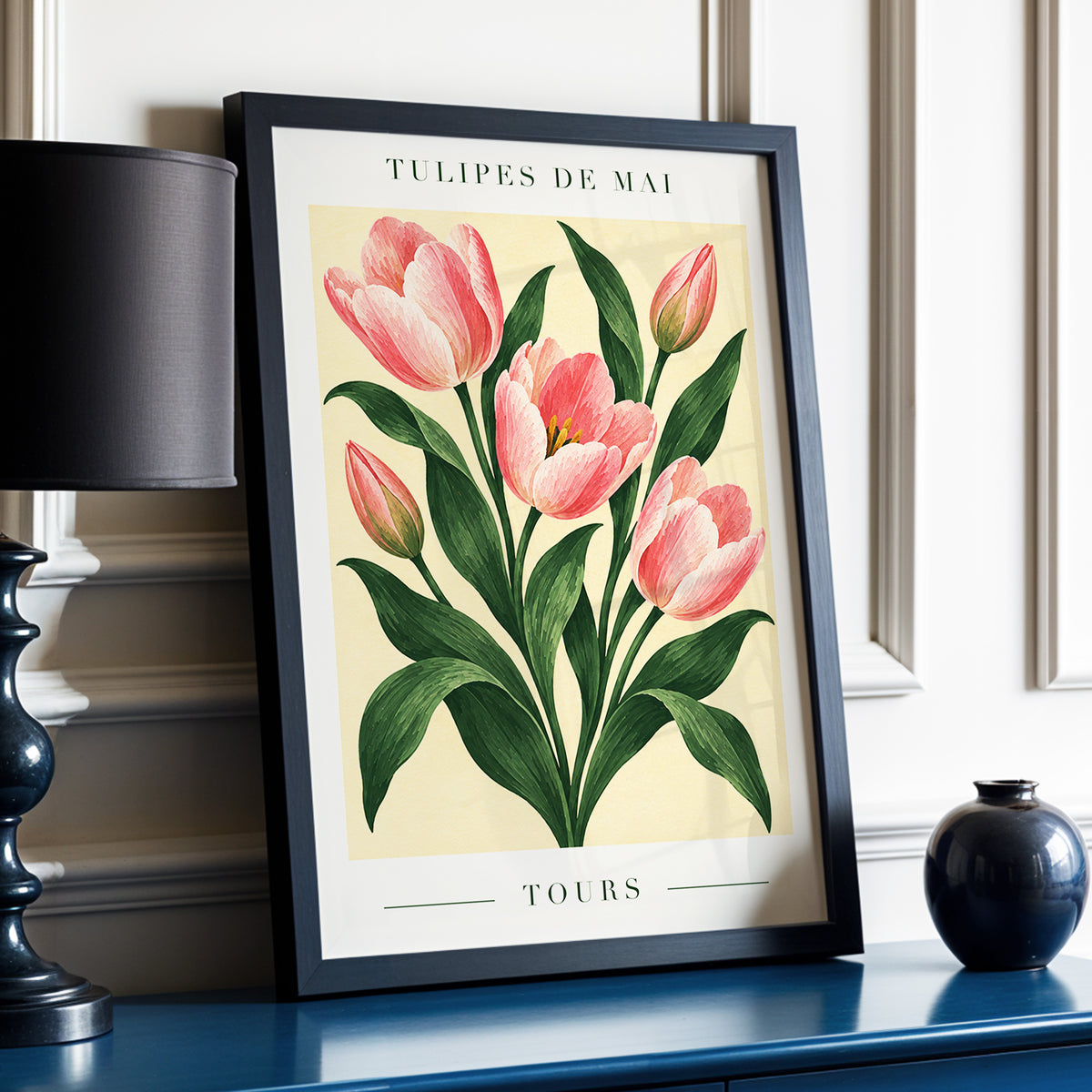Tours in Bloom, pink, green, beige floral wall art displayed in a styled interior, gallery view 6