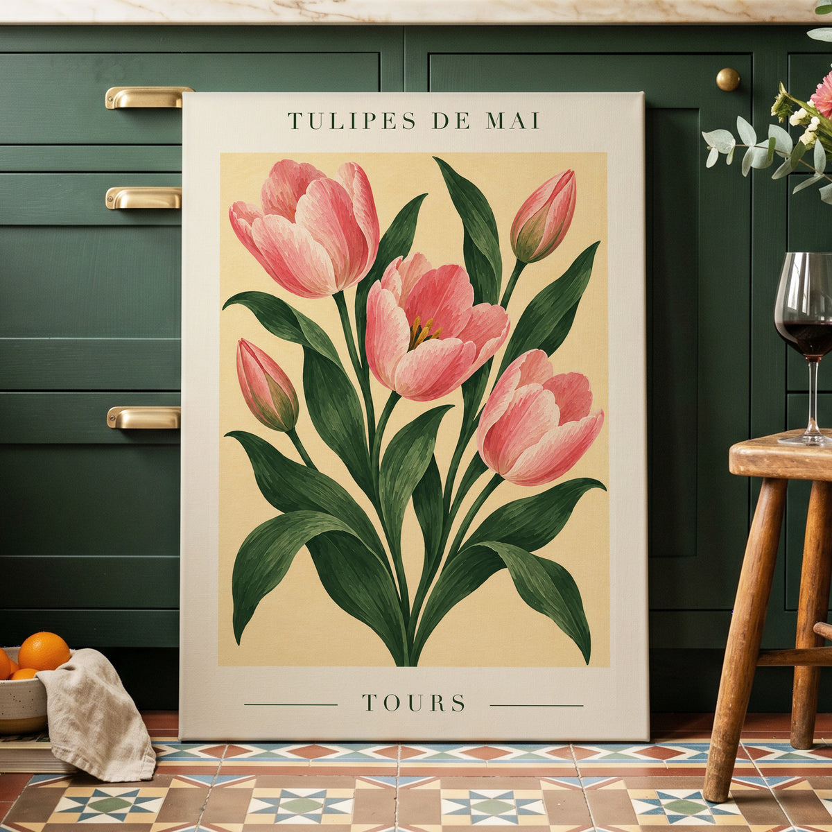 Tours in Bloom, pink, green, beige floral wall art displayed in a styled interior, gallery view 7