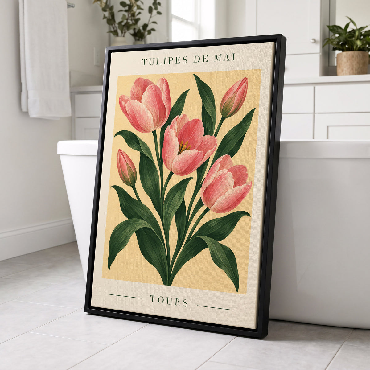 Tours in Bloom, pink, green, beige floral wall art displayed in a styled interior, gallery view 8