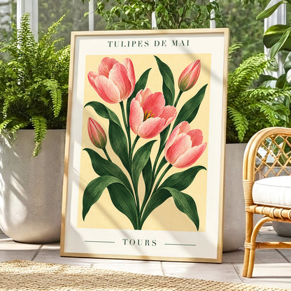 Tours in Bloom, pink, green, beige floral wall art displayed in a styled interior, gallery view 9