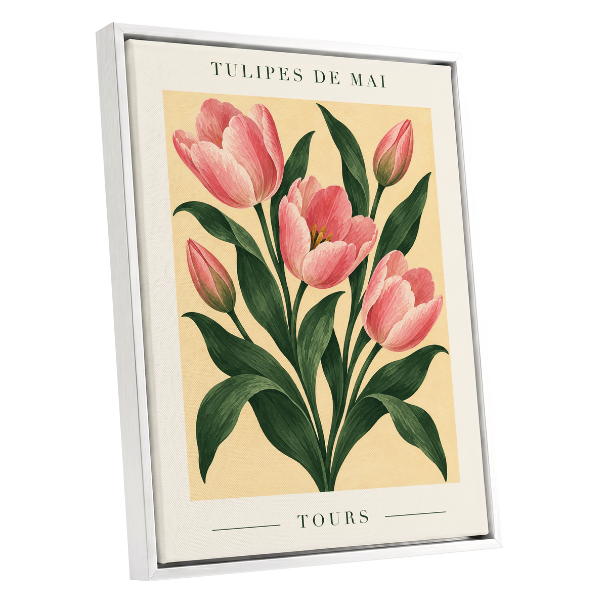 Tours in Bloom, pink, green, beige floral wall art shown as a white framed canvas wall art