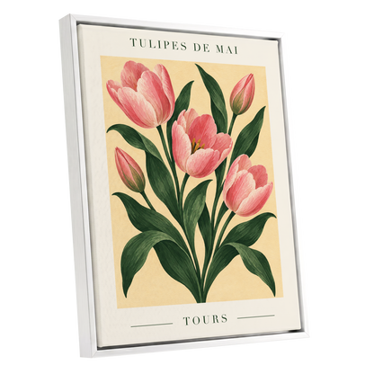 Tours in Bloom, pink, green, beige floral wall art shown as a white framed canvas wall art