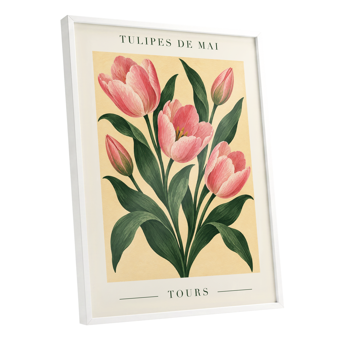 Tours in Bloom, pink, green, beige floral wall art shown as a white framed poster wall art print