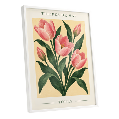 Tours in Bloom, pink, green, beige floral wall art shown as a white framed poster wall art print