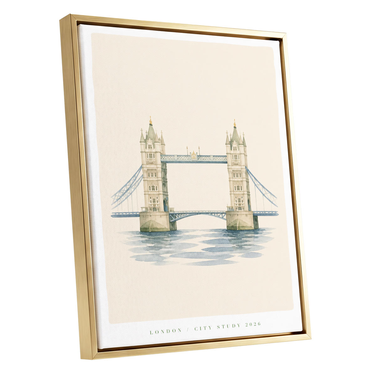 Tower Bridge Reverie, beige, blue, green minimalist wall art shown as a gold framed canvas wall art