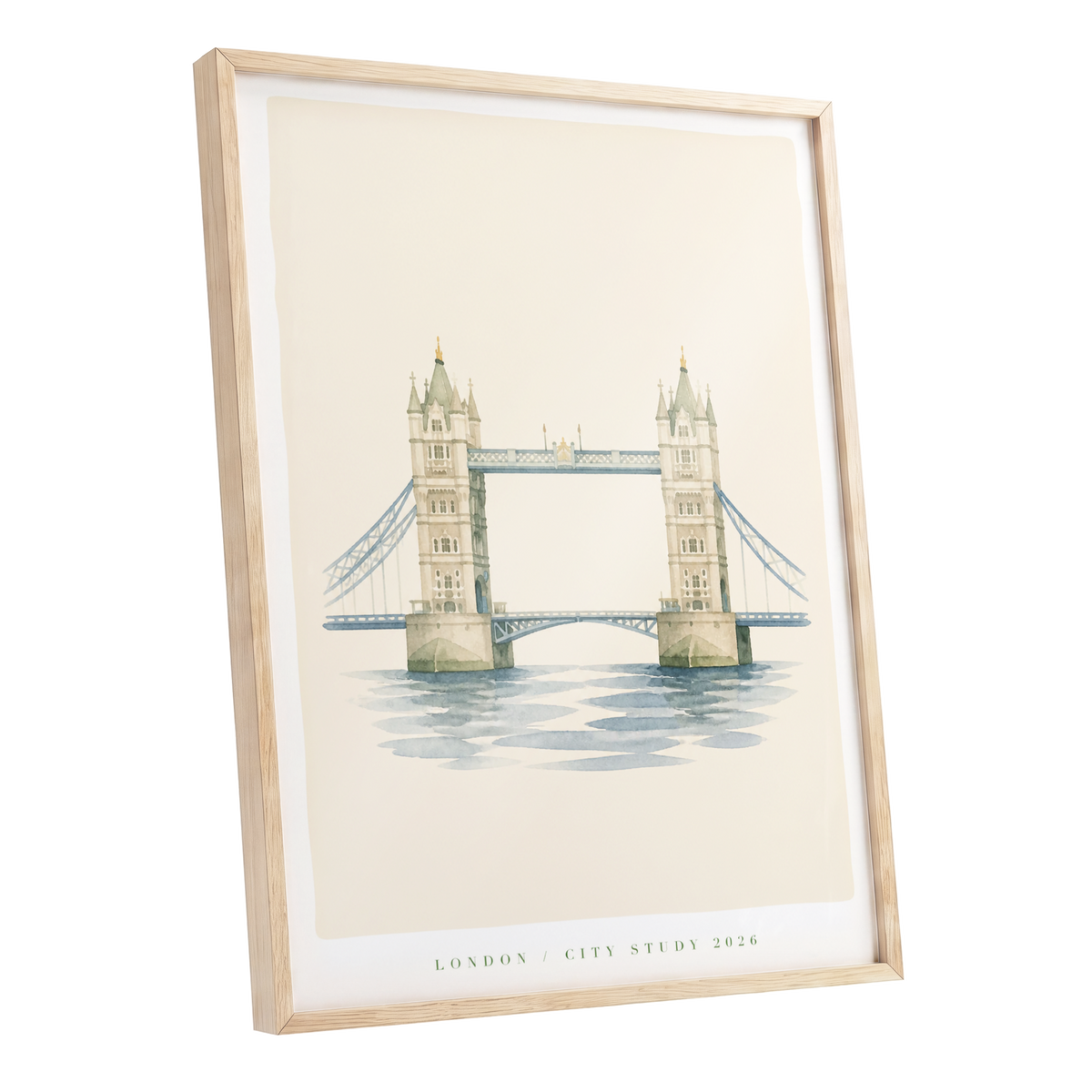 Tower Bridge Reverie, beige, blue, green minimalist wall art shown as a oak framed poster wall art print