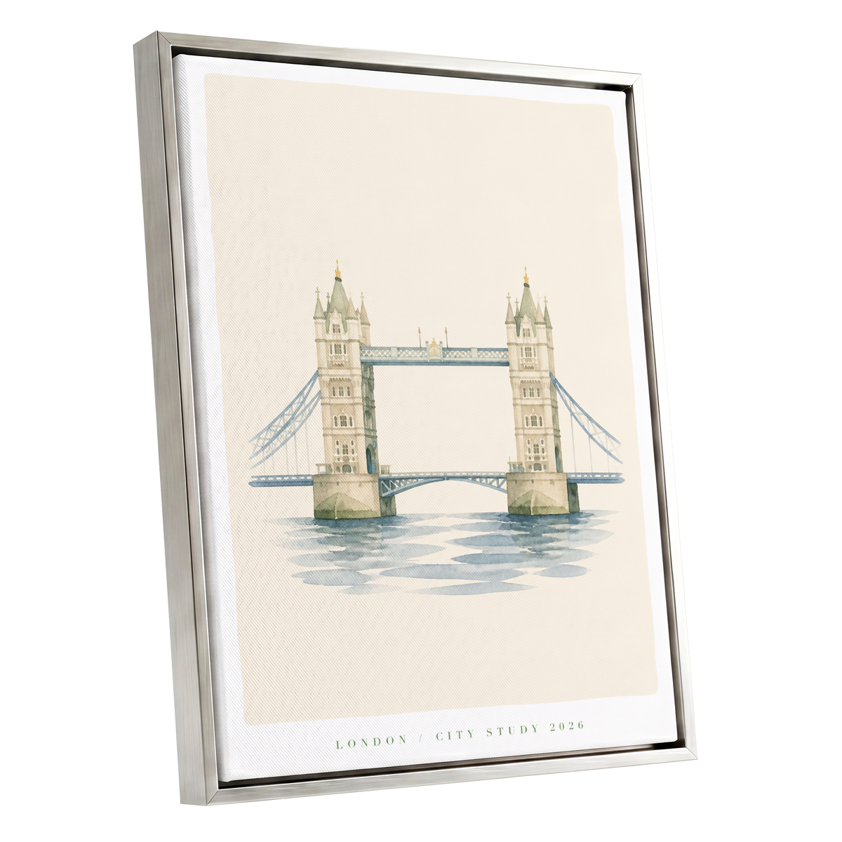 Tower Bridge Reverie, beige, blue, green minimalist wall art shown as a silver framed canvas wall art