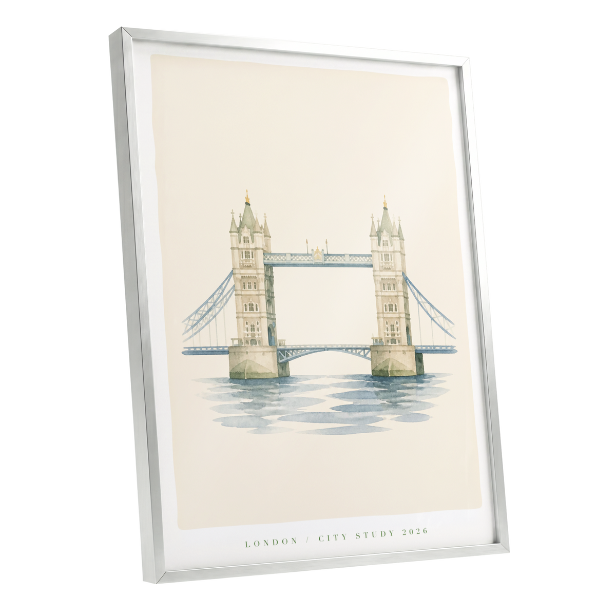 Tower Bridge Reverie, beige, blue, green minimalist wall art shown as a silver framed poster wall art print