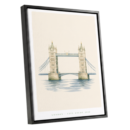 Tower Bridge Stillness, beige, blue, green minimalist wall art shown as a black framed canvas wall art