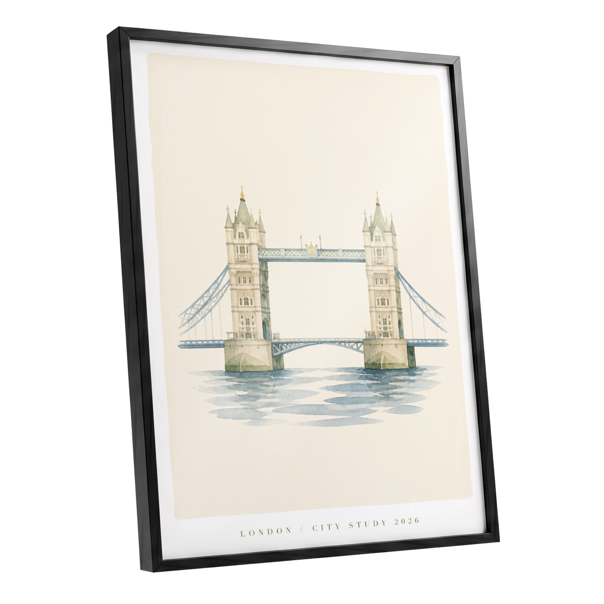 Tower Bridge Stillness, beige, blue, green minimalist wall art shown as a black framed poster wall art print