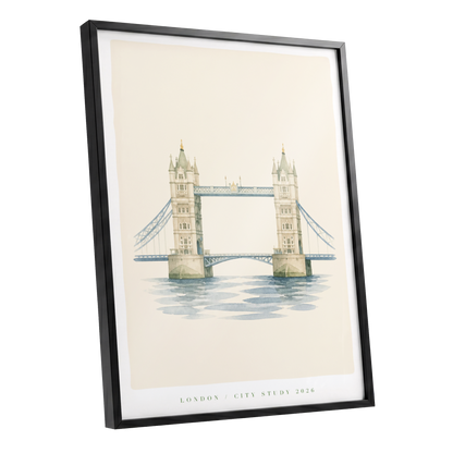 Tower Bridge Stillness, beige, blue, green minimalist wall art shown as a black framed poster wall art print