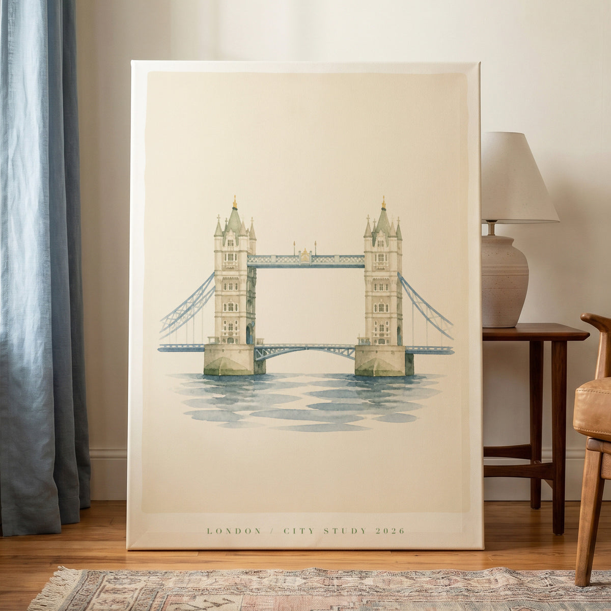 Tower Bridge Stillness, beige, blue, green minimalist wall art on canvas displayed in a styled interior, gallery view 1