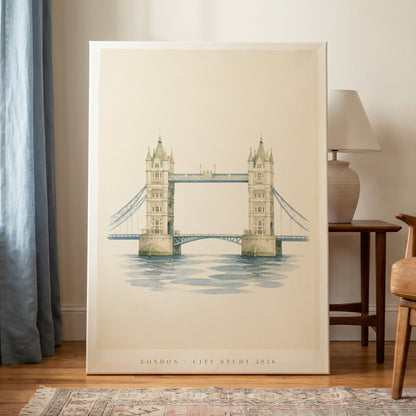Tower Bridge Stillness, beige, blue, green minimalist wall art on canvas displayed in a styled interior, gallery view 1
