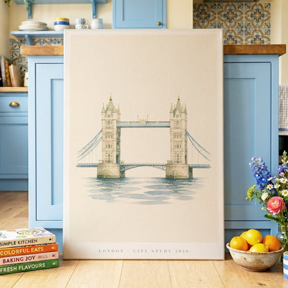 Tower Bridge Stillness, beige, blue, green minimalist wall art on canvas displayed in a styled interior, gallery view 2