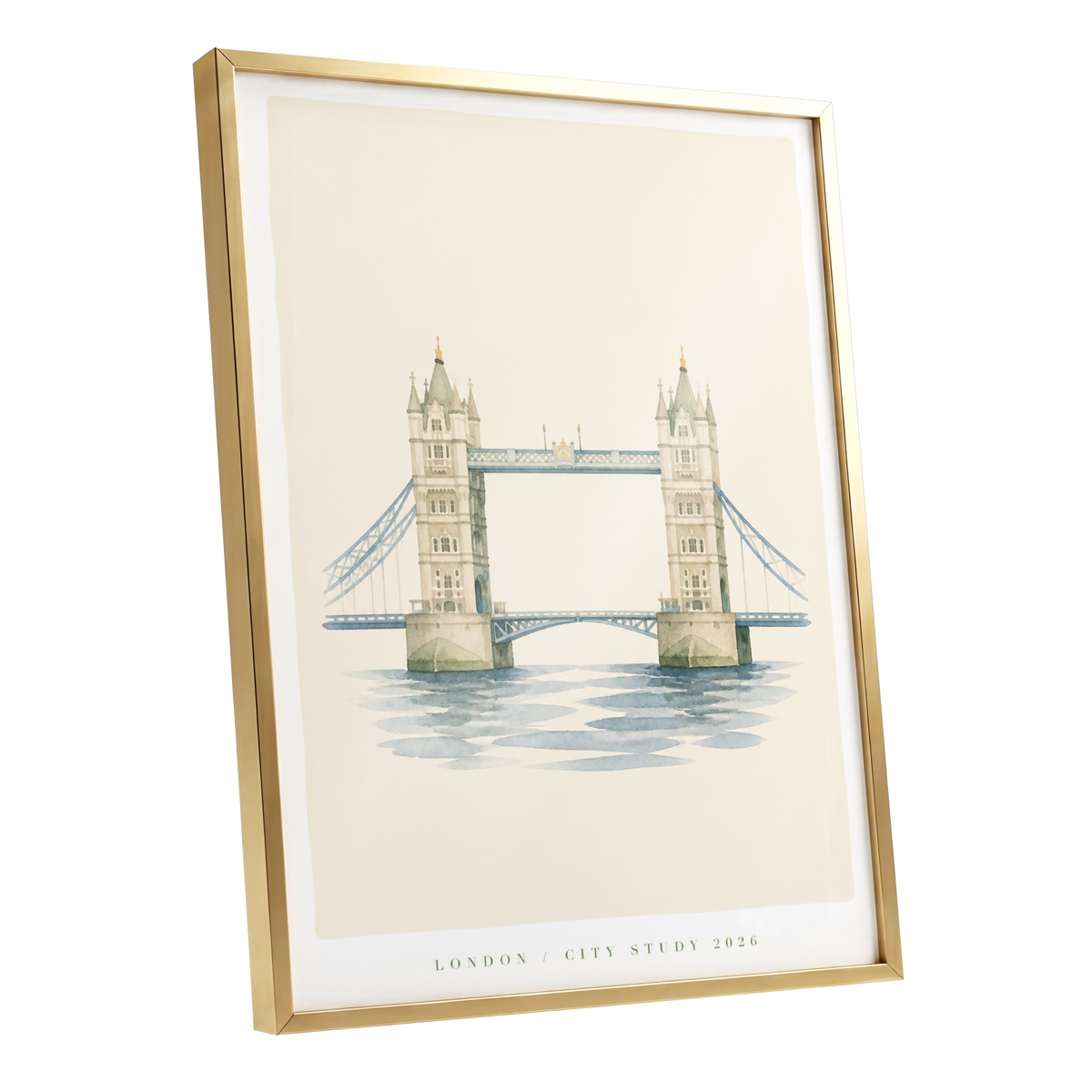 Tower Bridge Stillness, beige, blue, green minimalist wall art shown as a gold framed poster wall art print