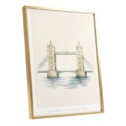 Tower Bridge Stillness, beige, blue, green minimalist wall art shown as a gold framed poster wall art print