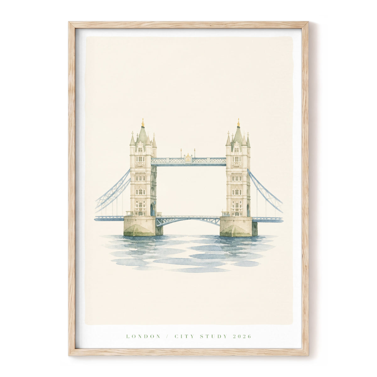 Tower Bridge Stillness, beige, blue, green minimalist wall art, front artwork view