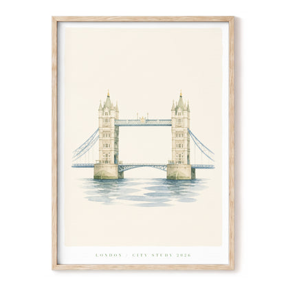 Tower Bridge Stillness, beige, blue, green minimalist wall art, front artwork view