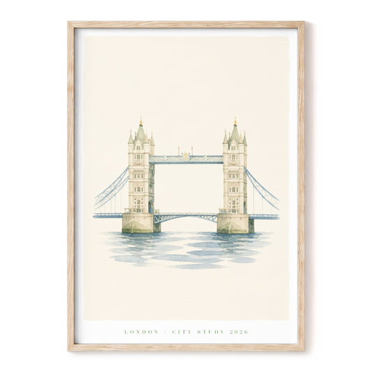 Tower Bridge Stillness, beige, blue, green minimalist wall art, front artwork view