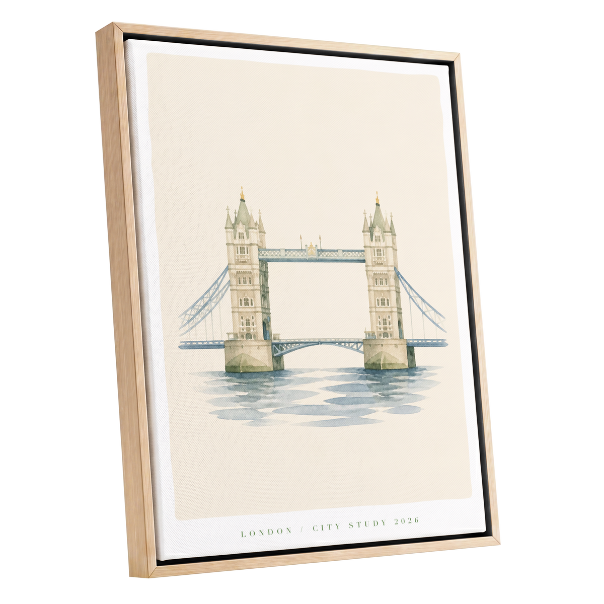 Tower Bridge Stillness, beige, blue, green minimalist wall art shown as a oak framed canvas wall art