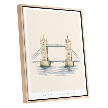 Tower Bridge Stillness, beige, blue, green minimalist wall art shown as a oak framed canvas wall art