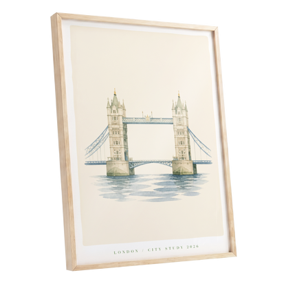 Tower Bridge Stillness, beige, blue, green minimalist wall art shown as a oak framed poster wall art print