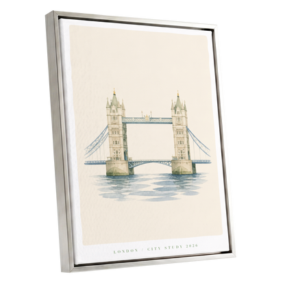 Tower Bridge Stillness, beige, blue, green minimalist wall art shown as a silver framed canvas wall art