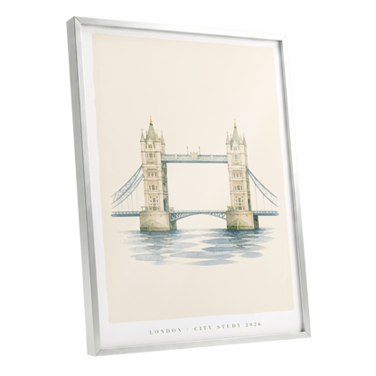 Tower Bridge Stillness, beige, blue, green minimalist wall art shown as a silver framed poster wall art print