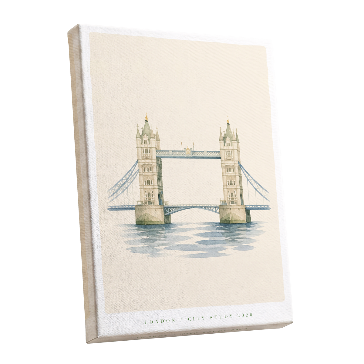 Tower Bridge Stillness, beige, blue, green minimalist wall art shown as a stretched canvas wall art