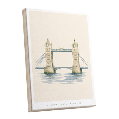 Tower Bridge Stillness, beige, blue, green minimalist wall art shown as a stretched canvas wall art