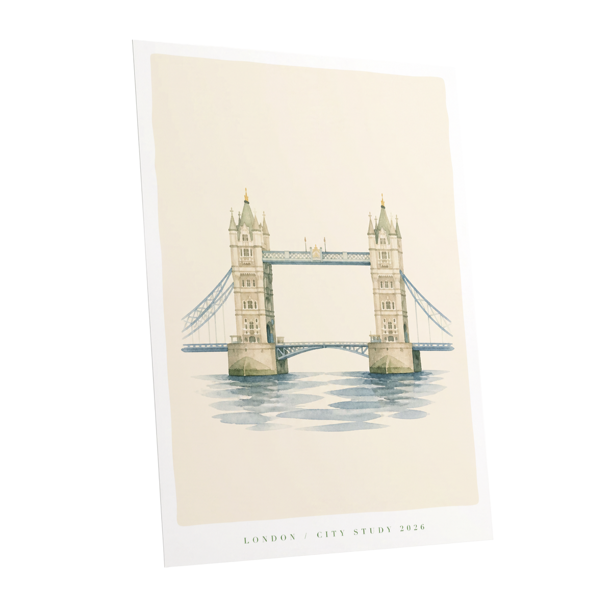 Tower Bridge Stillness, beige, blue, green minimalist wall art shown as a unframed poster wall art print