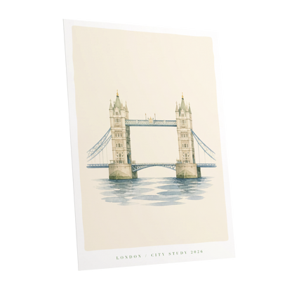 Tower Bridge Stillness, beige, blue, green minimalist wall art shown as a unframed poster wall art print