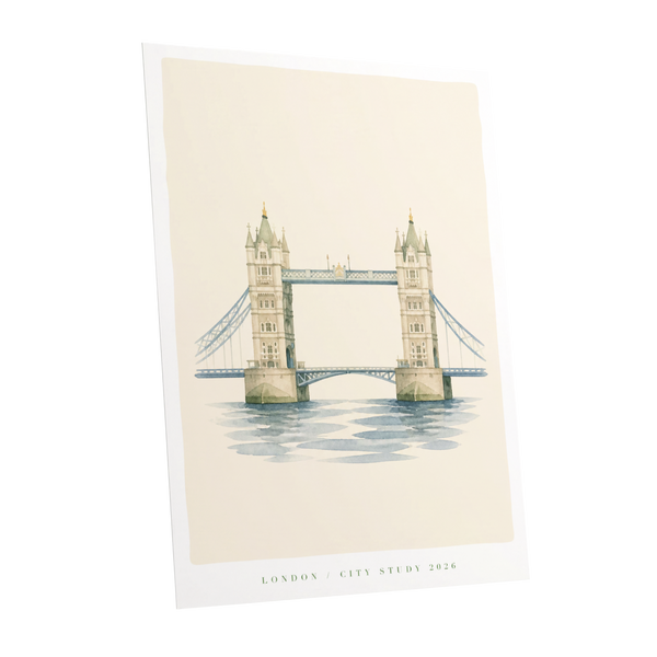 Tower Bridge Stillness, beige, blue, green minimalist wall art shown as a unframed poster wall art print