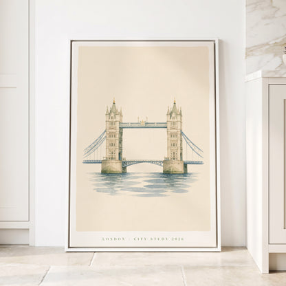 Tower Bridge Stillness, beige, blue, green minimalist wall art displayed in a styled interior, gallery view 1