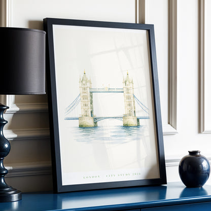 Tower Bridge Stillness, beige, blue, green minimalist wall art displayed in a styled interior, gallery view 2