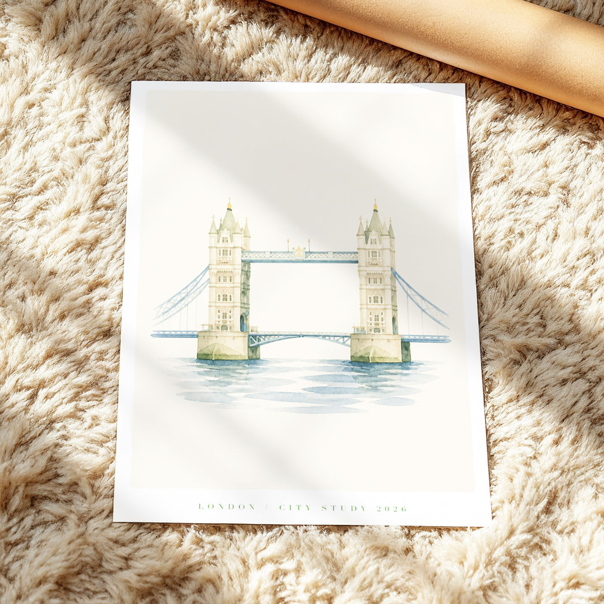 Tower Bridge Stillness, beige, blue, green minimalist wall art displayed in a styled interior, gallery view 3