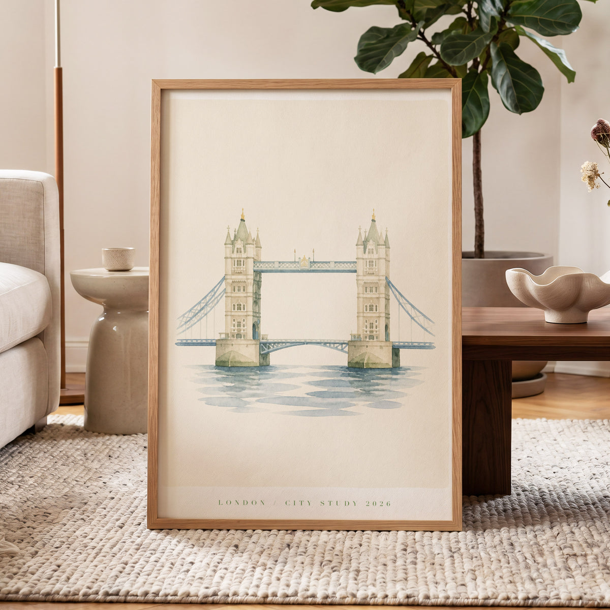 Tower Bridge Stillness, beige, blue, green minimalist wall art displayed in a styled interior, gallery view 4