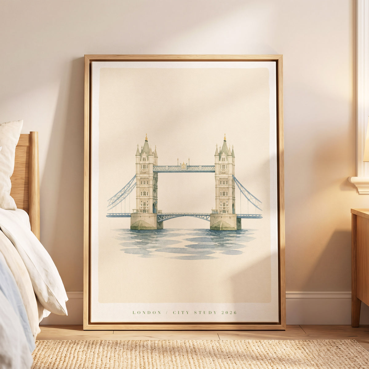 Tower Bridge Stillness, beige, blue, green minimalist wall art displayed in a styled interior, gallery view 5