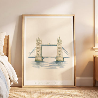 Tower Bridge Stillness, beige, blue, green minimalist wall art displayed in a styled interior, gallery view 5