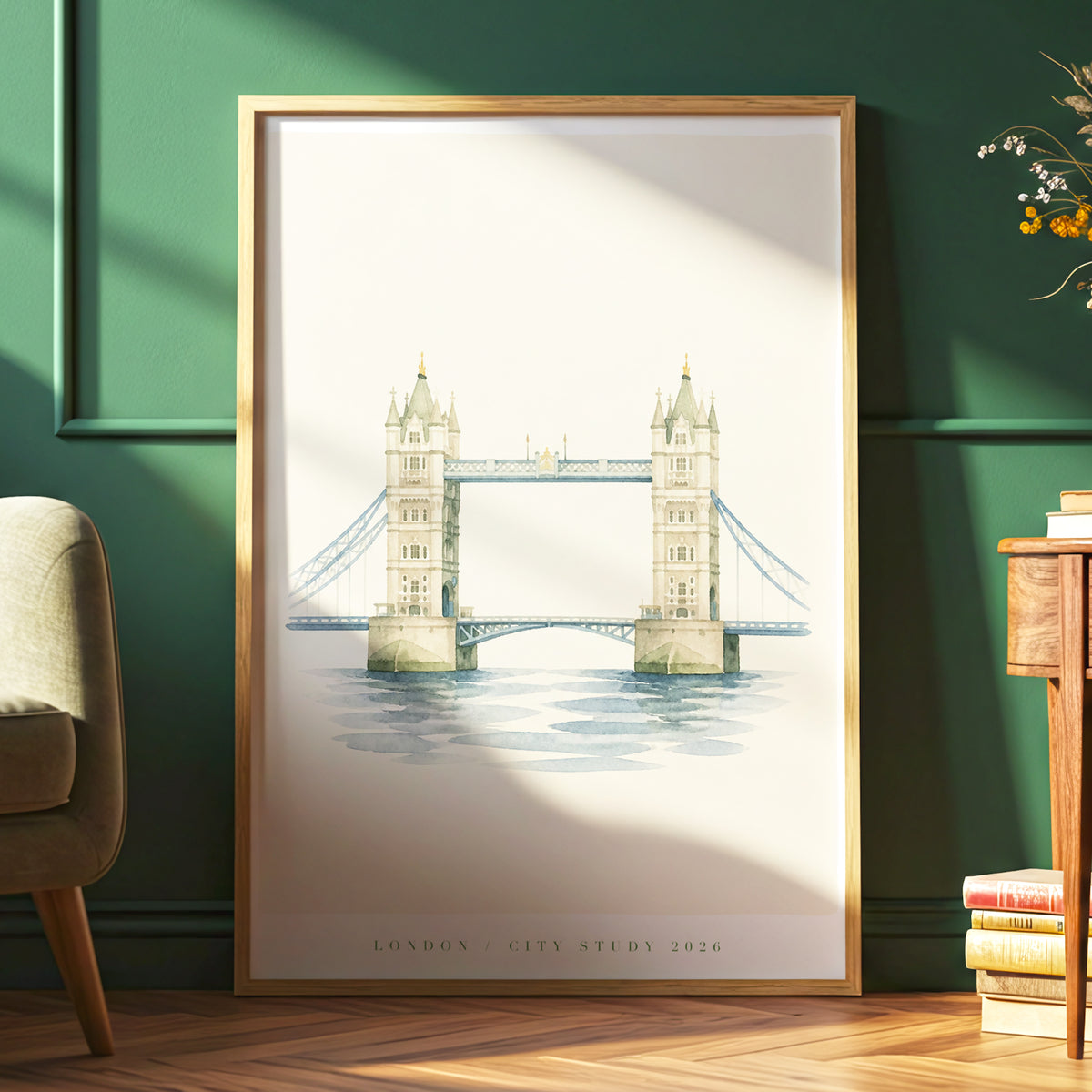 Tower Bridge Stillness, beige, blue, green minimalist wall art displayed in a styled interior, gallery view 6