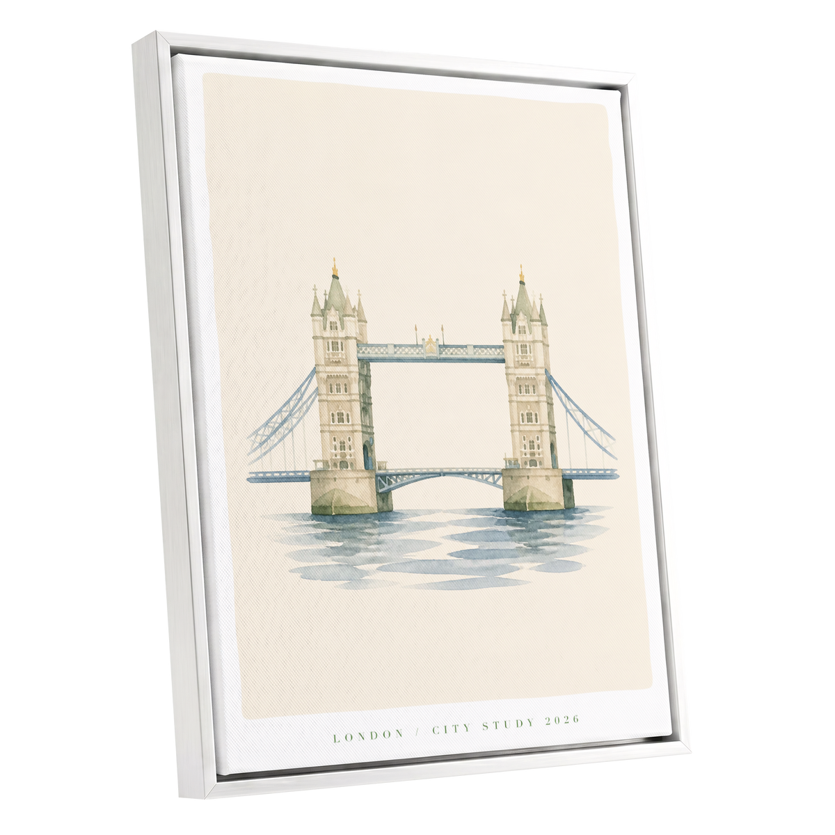 Tower Bridge Stillness, beige, blue, green minimalist wall art shown as a white framed canvas wall art