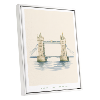 Tower Bridge Stillness, beige, blue, green minimalist wall art shown as a white framed canvas wall art