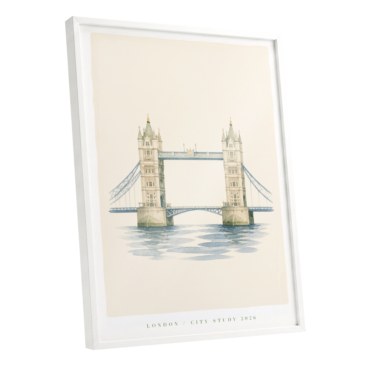 Tower Bridge Stillness, beige, blue, green minimalist wall art shown as a white framed poster wall art print