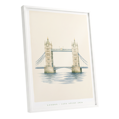 Tower Bridge Stillness, beige, blue, green minimalist wall art shown as a white framed poster wall art print