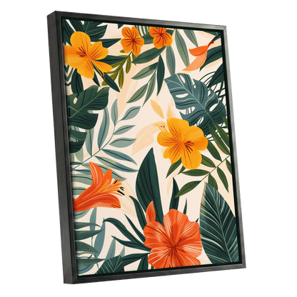 Tropical Ember Garden, green, beige, orange floral wall art shown as a black framed canvas wall art